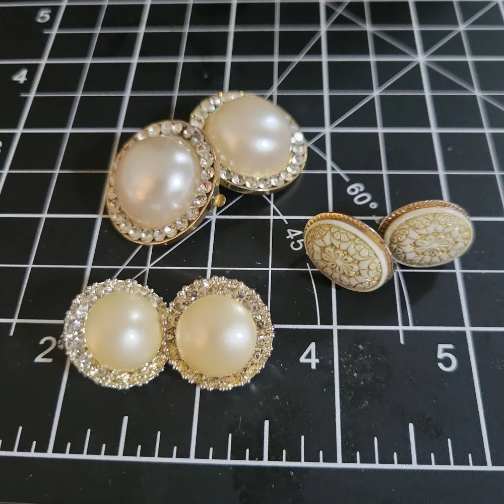 Vintage Faux Pearl Rhinestone Enamel Clip On Earrings Set 3 Pairs 80s